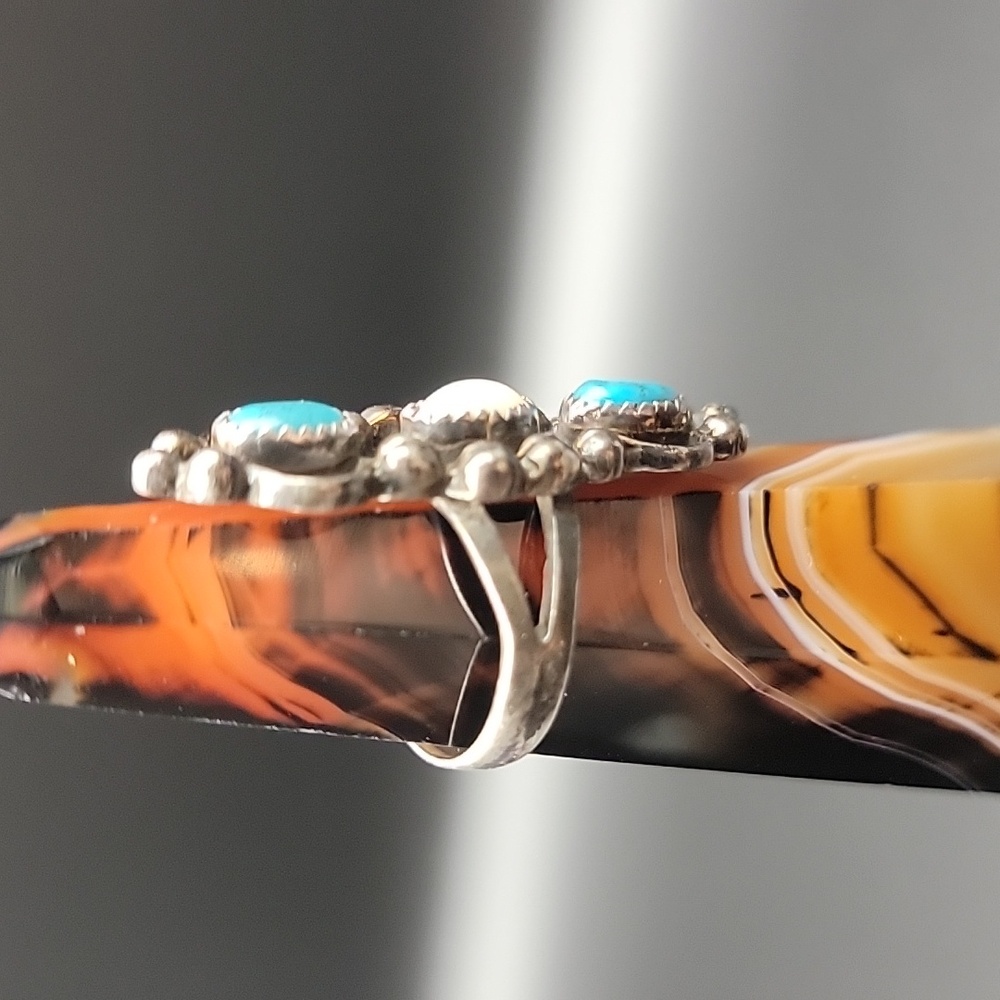 Vintage Navajo Sterling Silver Turquoise Mother Of Pearl 3-Stone Statement Ring - Picture 6 of 12